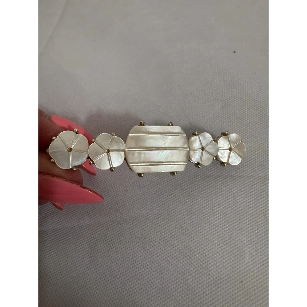 Vintage Carved Mother of Pearl Shell French Barrette Gold Tone Hair Clip White